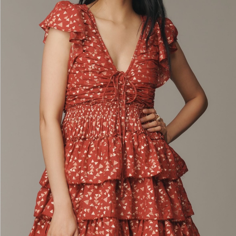 By Anthropologie Garnet Patterned Mini Ruffle Dress